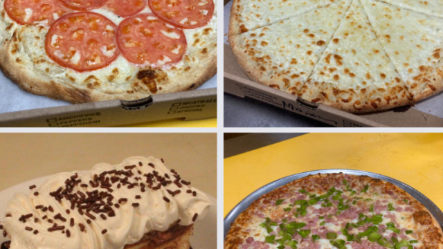 Variety of pizzas and dessert