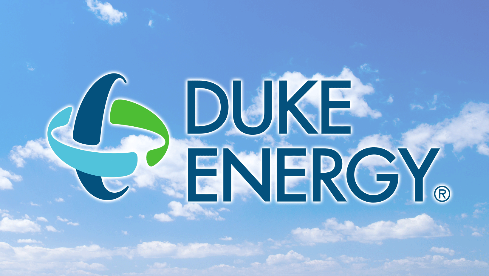 Duke Energy logo on a blue sky with clouds background
